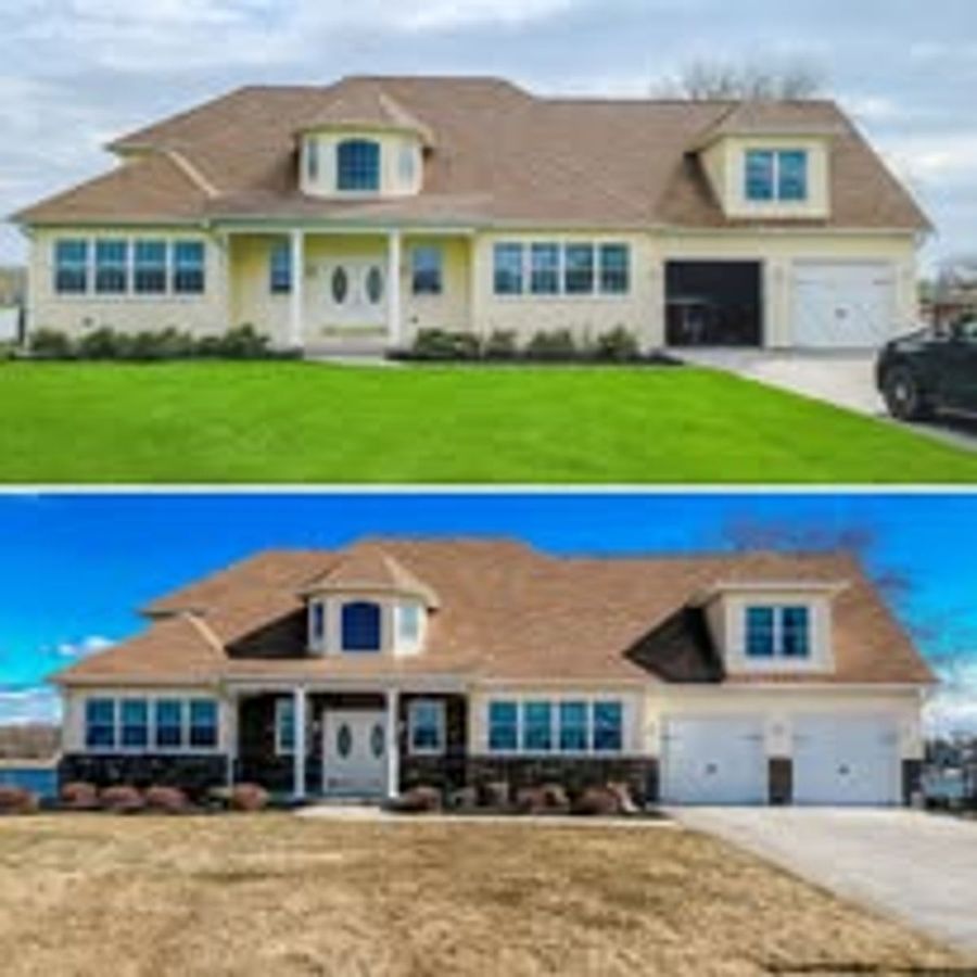 Two completed roof replacements on homes with front-facing dormers and attached garages